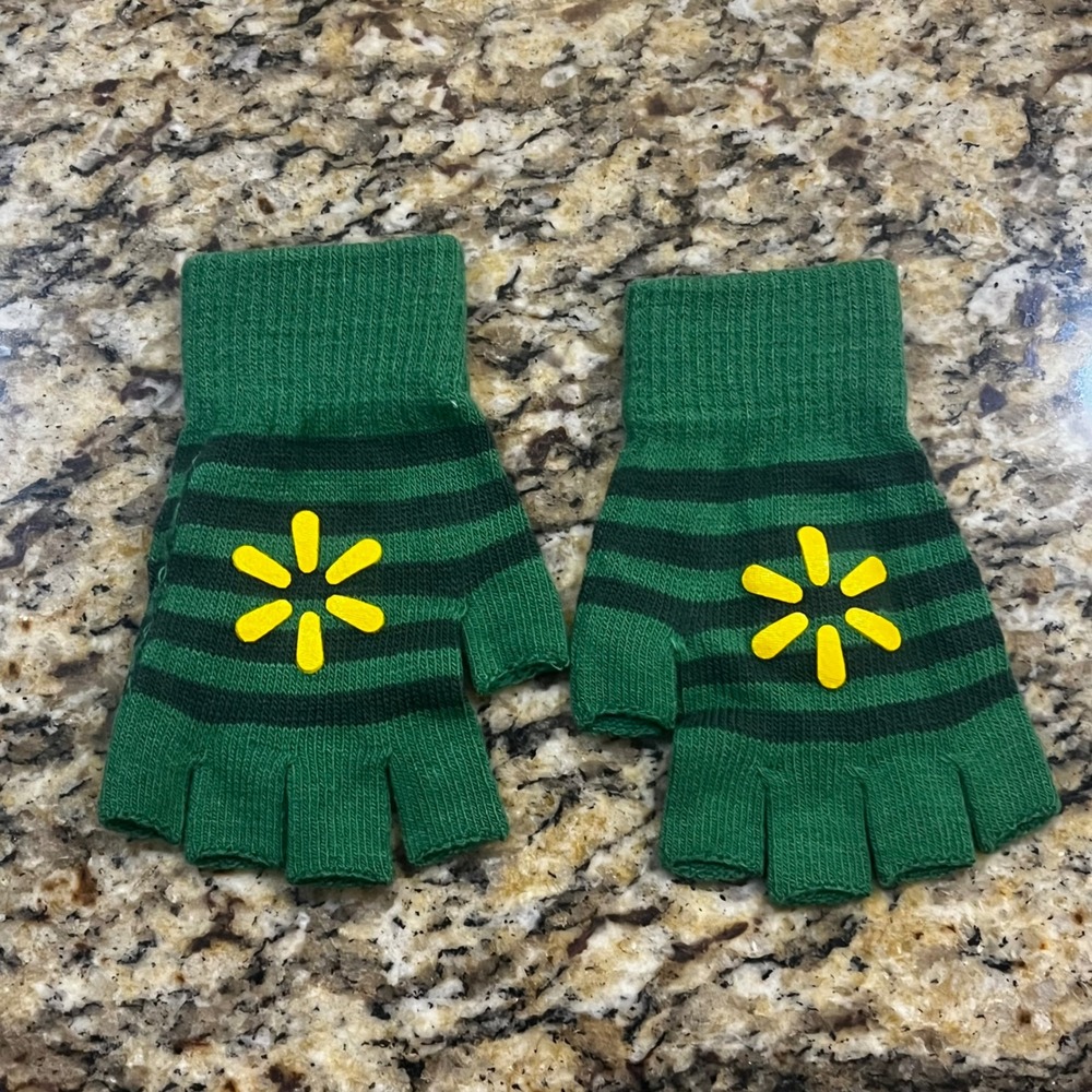 NEW Walmart Employee Spark Logo Fingerless Gloves Green Striped‎ Knit Uniform
